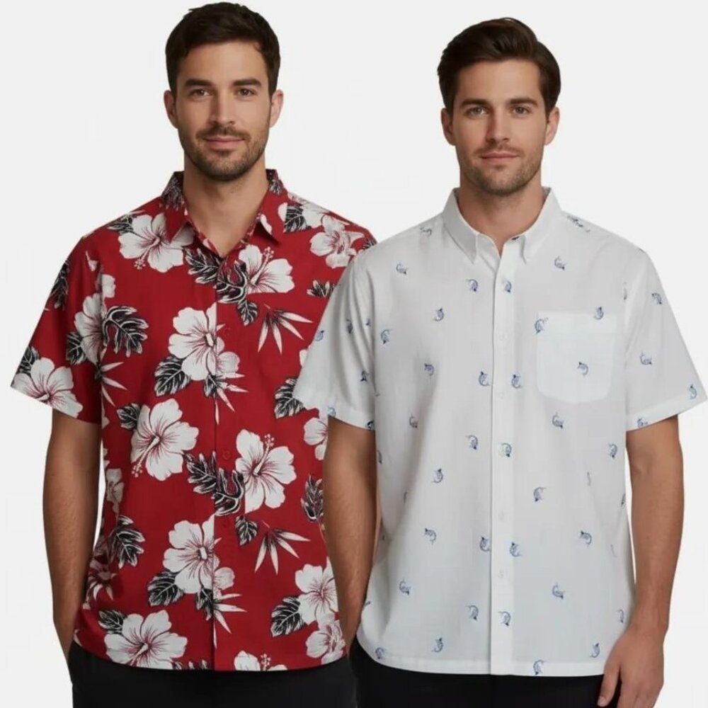 Chaps Men's Red Floral Print & White Swordfish Print Shirt Size XXL, Set Of 2